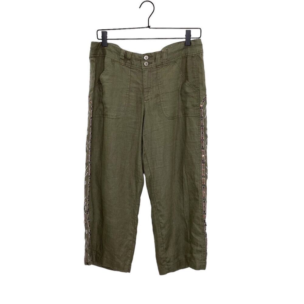 INC International Concepts Pants Sz 6‎ Curvy-Fit Embroidered Cropped Linen Olive